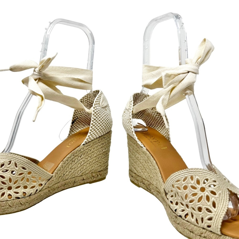 Maypol NEW Crochet Espadrille Wedge Sandals Peep Toe Ankle Wrap Cream Size 41 - Picture 8 of 13